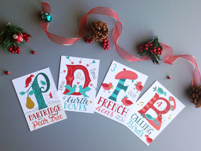 12 Days of Christmas Postcards calligraphy carols christmas dropcap hand lettering illustration lettering postcards