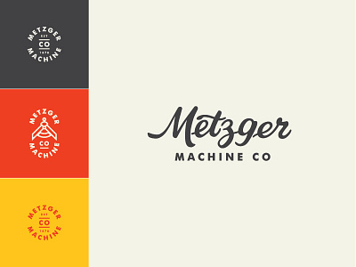 Metzger Machine Co. badge charcoal icon identity lockup logo red script yellow