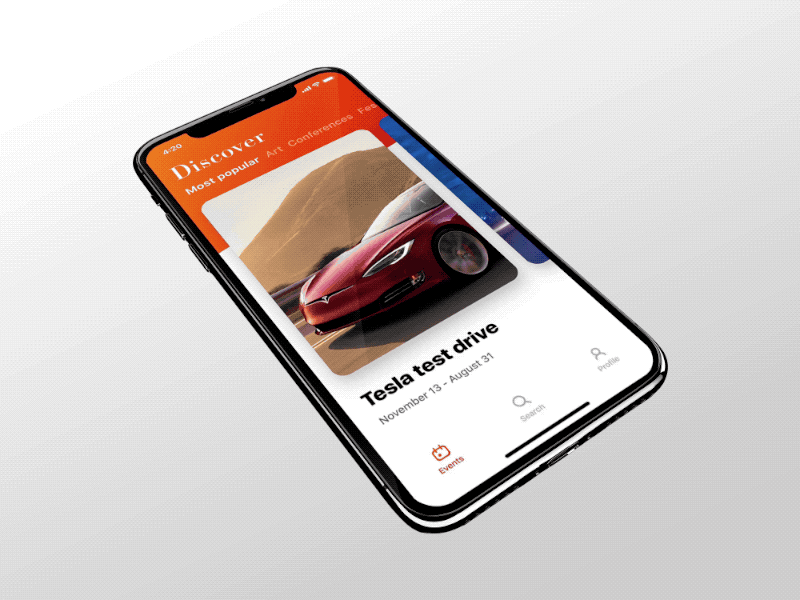 Event cards interaction #InVisionStudio animation clean events interaction invision studio invisionstudio iphone x parallax swipe transition