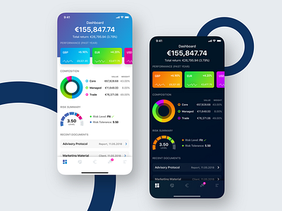 Wealth Management App - Dashboard app clean design dark dark mode dashboard day design ios iphone x light light mode minimal night product design sketch ui ux wealth management