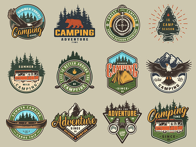 Camping designs: 48 outdoor badges adobe illustrator badges camp camping colorful design graphic design illustration nature outdoor recreation relax vector vector illustration vintage