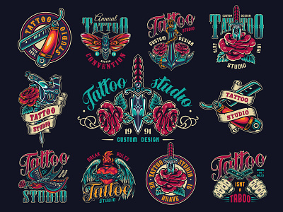 Tattoo studios' logo designs adobe illustrator color colorful graphic design illustration logo logo design tattoo tattoo studio vector vector illustration vintage