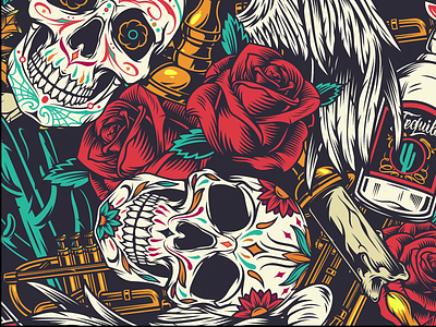 Day of the Dead seamless pattern adobe illustrator american color colorful day of the dead dia de los muertos graphic design mexicano pattern pattern art roses seamless pattern skull skull art tequila vector vector pattern vintage