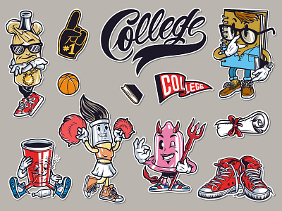 College emblems set adobe illustrator book cheerleader coffee college color sticker studying university vector vector illustration