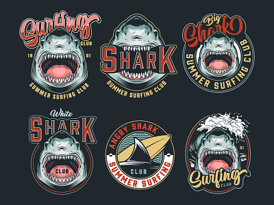 Shark & Surfing Illustrations adobe illustrator apparel design color colorful emblem graphic graphic design logo shark summer surf surfing templates vector vector illustration vintage