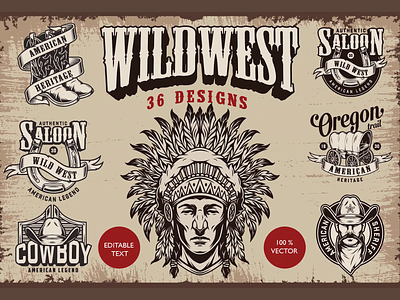 Wild West Designs adobe illustrator american indian apparel design chief cowboy graphic monochrome t shirt design usa vector vector illustration vintage western wild west