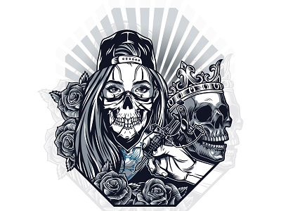 Chicana Girl with a Skull adobe illustrator apparel design chicana cholo girl men monochrome roses skull skull art t shirt design tattoo art vector illustration vintage