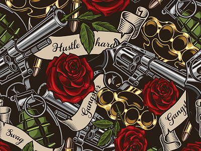Gangster Pattern granade gun pattern rose seamless