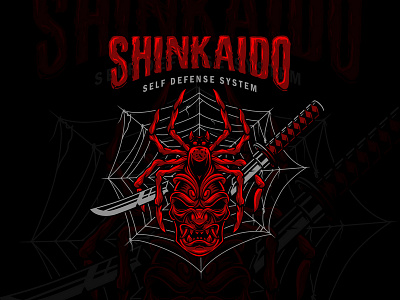 Shinkaido emblem illustration japan katana logo mask samurai spider web