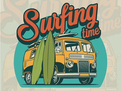 Surfing time art custom design emblem graphic illustration logo surfing t shirt design van vector vintage