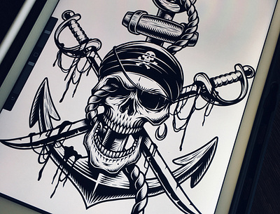 Pirate american art custom design emblem graphic illustration logo pirate skull vector vintage