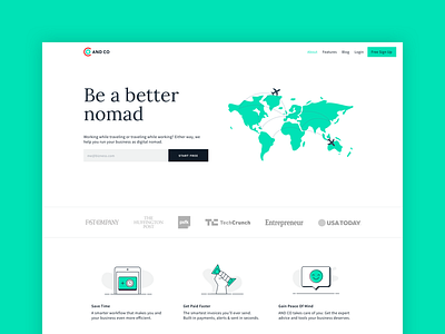 Digital Nomads - AND CO contract digital nomads expense freelance freelancer invoice landing page maps multi currency