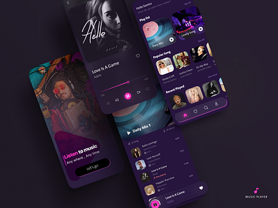 Music Player App app app design artist dark mod design mobile app music music app music player player playing playlist podcast product design purple singer song soundcloud spotify ui
