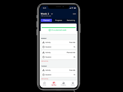Quick Prototype for Cycling App bike cycling cycling app fitness app fitness plan ftpfthr progress bar ride sport app weekly plan