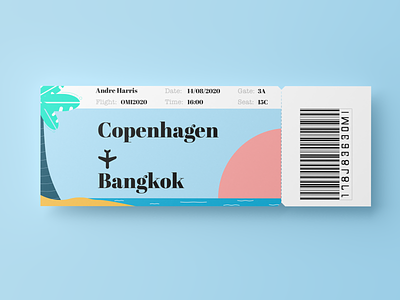 Flight Ticket Concept bangkok barcode beach blue copenhagen green minimal palmtree pink simple sun sunset tropical yellow