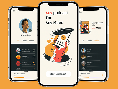 Podcast App Concept app design audio branding concept figma friend list orange podcast profile page sketch splash page ui