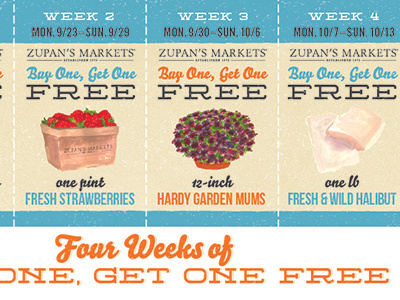 Zupans Direct Mailer — Early Fall bogo coupon direct mailer grocery halibut mums spam specials strawberries zupans
