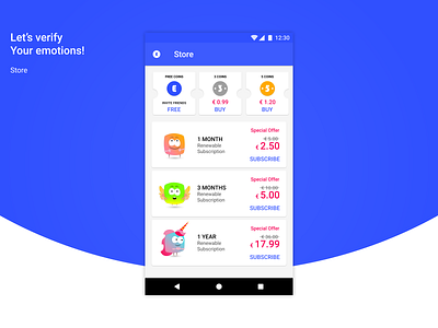 Store android app characters coin emotions material design mobile app store ui unicorn ux