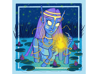 Blue Elf Warrior character design elf illustration elves fireflies glowing illustration lily pads lotus pond warrior