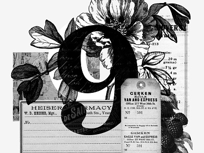 No. 9 black and white collage design floral grayscale layering layers lineart texture typography ui ui design vintage
