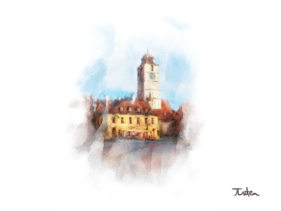 My hometown historic illustration old city old town painting procreate sibiu sky smudge tower watercolor