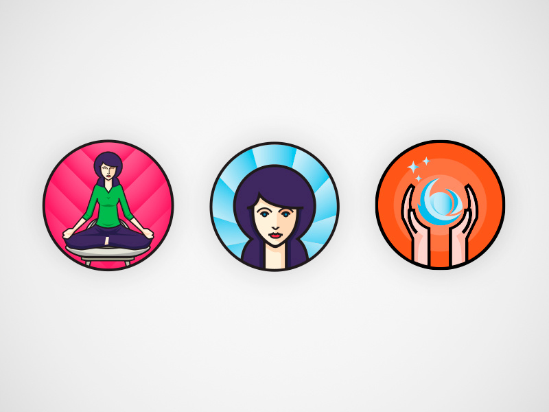 Yoga icons concept hands aura lady orange blue purple meditating energy iconography icon design yoga