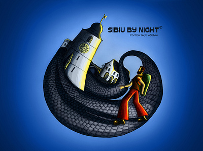 Sibiu by night backpack blue sky bricks clock dawn moonlight night old town pencil tower traveller watercolor