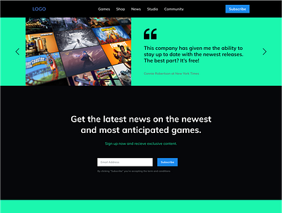 High-fidelity gaming news landing page branding design illustration typography ui