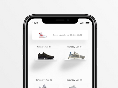 Sneaker Launch Calendar calendar countdown design ecommerce ios iphone x minimal mobile nike puma shoes tabbar