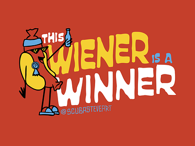 This Wiener is a Winner character design clothing design design food funny graphic design hand drawn letters hotdog humor illustration logo orange silly typography