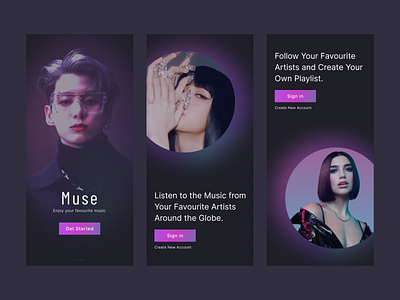 Muse | Music App Onboarding Screens app application desgin clean dark mode dark ui design gradient ios mobile mobile app mobile application mobile interface mobile screen music onboarding song splash screen ui ux welcom screen