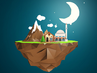 Low poly floating island. 3d adobe animation cinema4d creative design eid lowpoly maya motion graphics photoshop poster