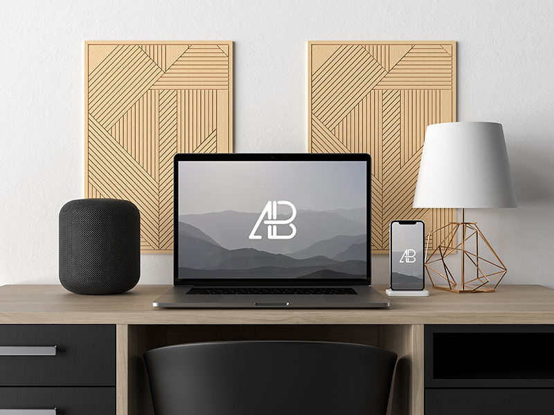 Modern Macbook Pro And Iphone X On Desk Mockup By Anthony Boyd
