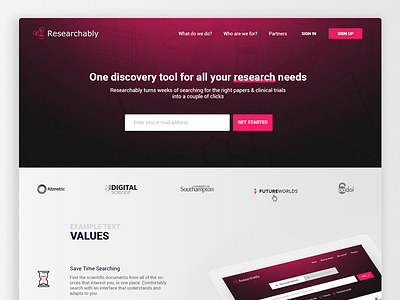 Landing page - researchably.com base data find finder landing page research science search ui ux