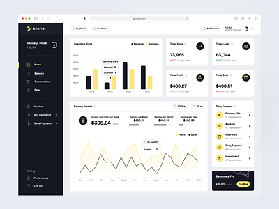 Neofin - Dashboard Exploration animation clean dark dashboard design finance ui uiux web design website yellow