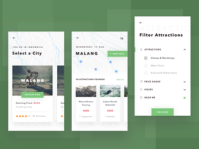 Exploration Tour Attractions app clean filter green ios minimal pujiari tour ui ux