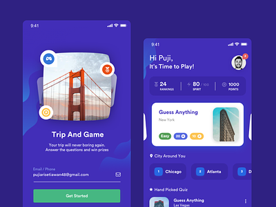 Trip and Game app blue clean design game ios mobile quiz travel trip ui ux