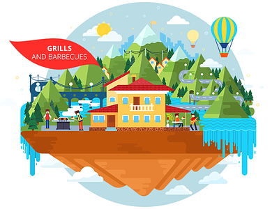 Illustration for site 2d clean flat gas grill house illustration island nature vector waterfall xara