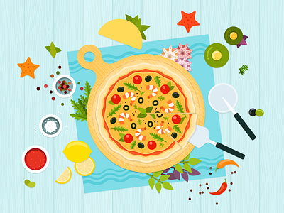 Seafood pizza 🌊 ai flat food illustration pizza seafood vector vegetables