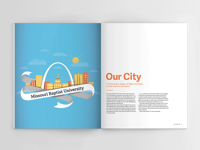 MBU Magazine Winter 2015 (Cover Story - Spreads 1 & 2) city cover story grid hope illustration layout magazine orange photography print st. louis typography