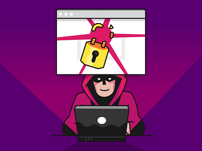 Cyber security animation adobe illustrator after effects animation breaking cyber security guy hack hacker hacking illustration laptop lock mac online purple threat vector