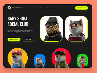 NFT Collections Website dark design makeevaflchallenge makeevaflchallenge7 marketplace nft nft collection nft site nfts shibasocialclub ui web design website yellow