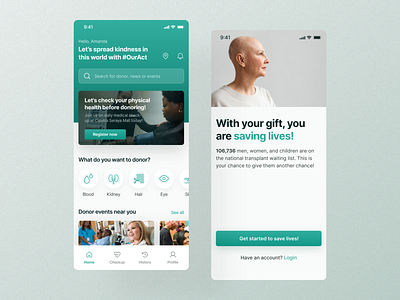 Non-profit Donor Application app bald blood blue branding cancer darkmode design doctor donor green hair illustration learnui learnux leukimia nonprofit ui