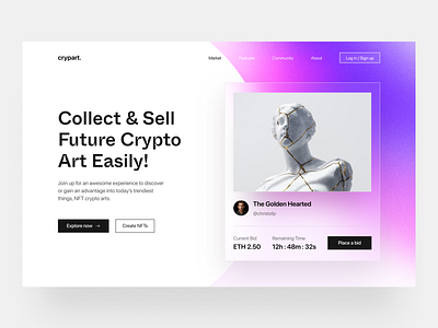 Crypart NFT Marketplace crypto cryptocurrency cryptolandingpage cryptonft gradient landingpage meshgradient nft nftcrypto nftlandingpage nonfungibletoken purple uidesign