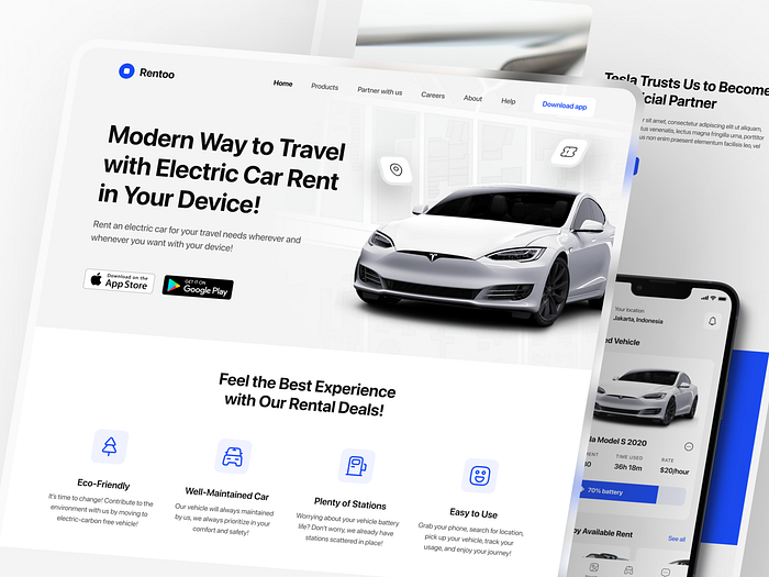 Rentoo Electric Car Rent Landing Page by Eric Angelo for Plainthing