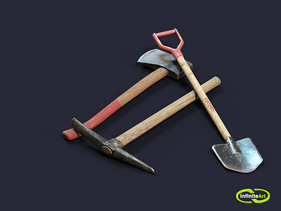 Pick and shovel and axe 3d art equipment game art