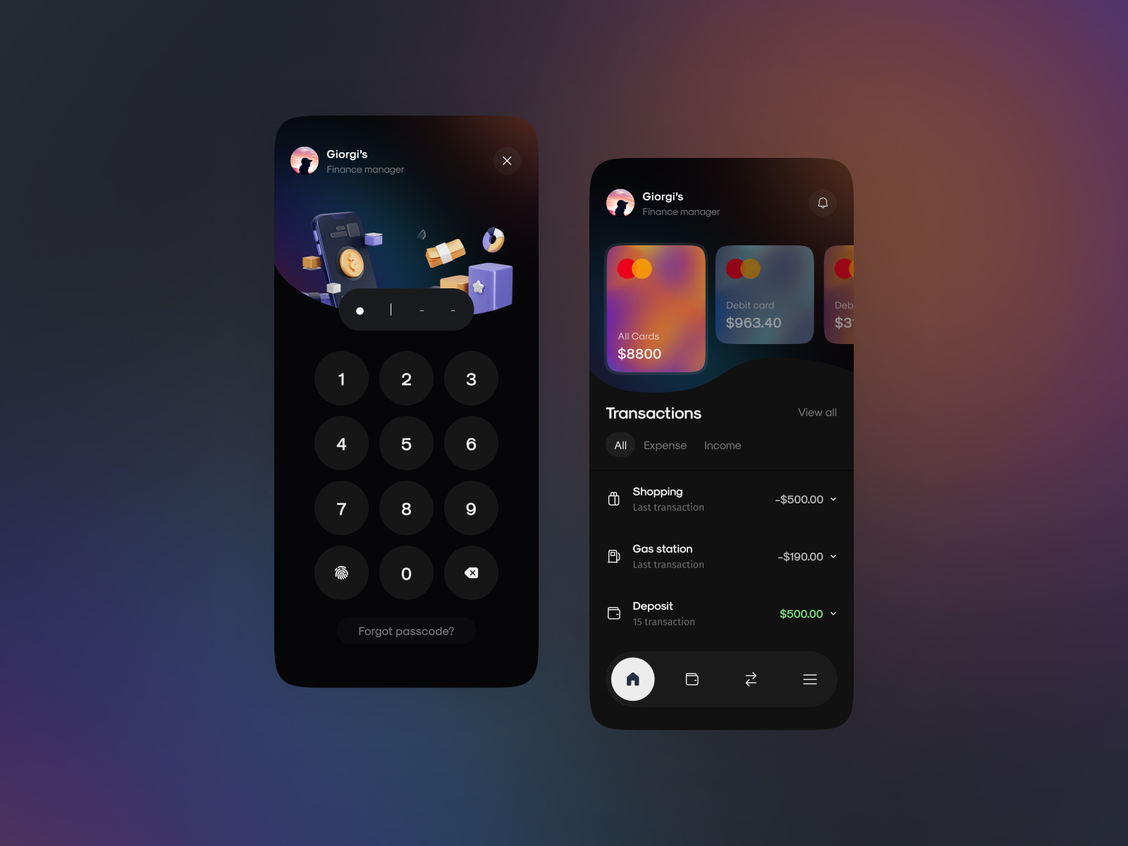 Finetech app design (Dark mode) by Giorgi Mamulashvili on Dribbble