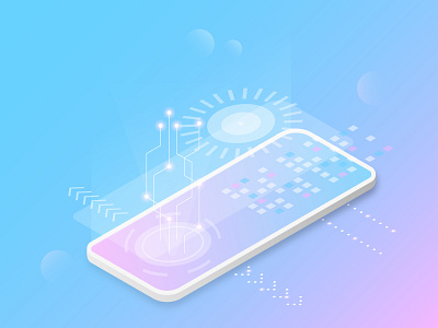 Smartphone in isometry glowing on a gradient background isolated