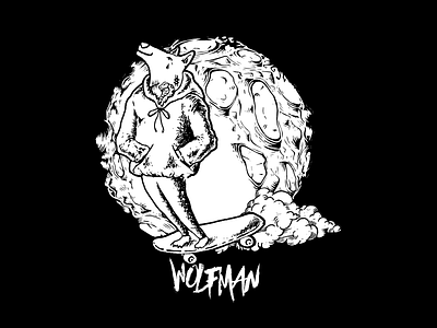 Wolfman hand draw illustration skateboarding tee tshirt vector