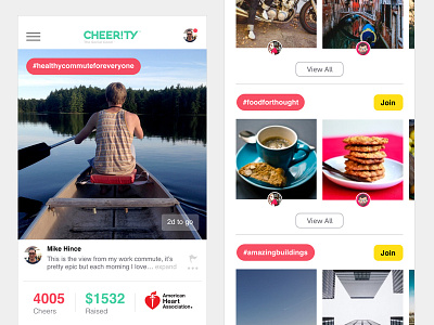 Cheerity Beta app charity clean design flat hashtag responsive ui ux web white